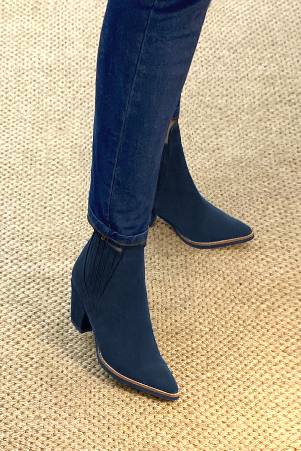Navy blue women's ankle boots, with elastics. Tapered toe. Medium cone heels. Worn view - Florence KOOIJMAN